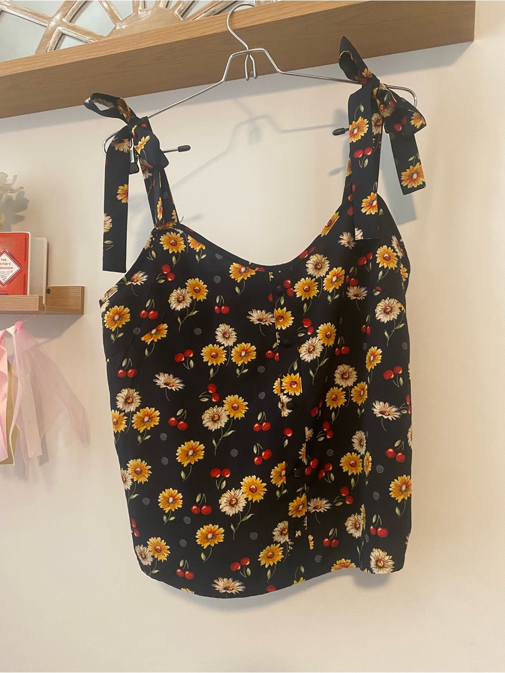 SHEIN Black Floral & Cherry Tie-Shoulder Cami